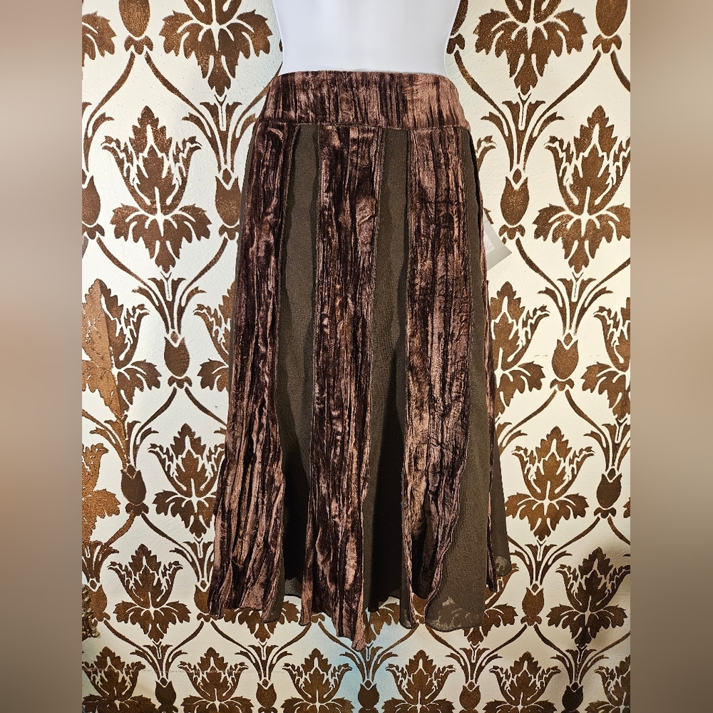 NWT. Vtg. ELL JAY Brown Chiffon-Velvet Lined Skirt 90s Y2K Women's 10 Lined
